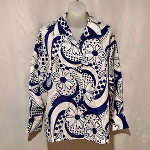 Vintage Women’s 60s Pop Art Blue and White Floral Blouse Size Large